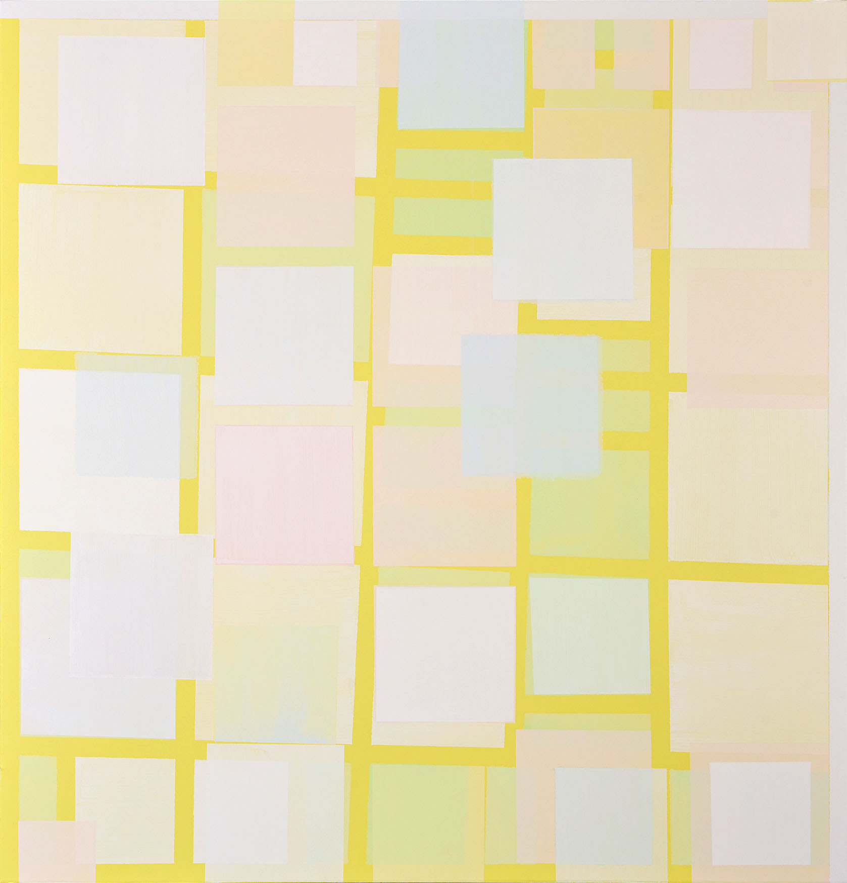 Susanne Lyner, 2020-02_heimlifeissimgelbfieber, Acryl auf Baumwolle, 135 x 130 cm